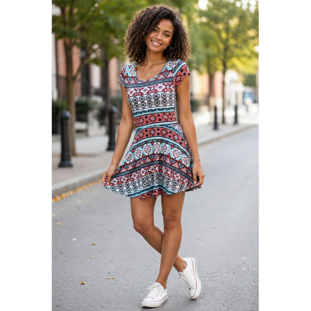 Vtg Bobbie Brooks Tribal Print Mini Dress Small Y2K Boho Fairycore Skater Dress
